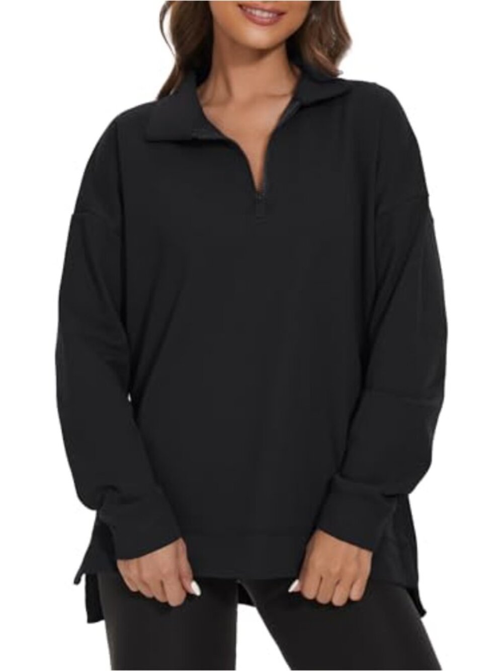 Women's Loose Fit Quarter Zip Sweatshirt Batwing Sleeve Pullover